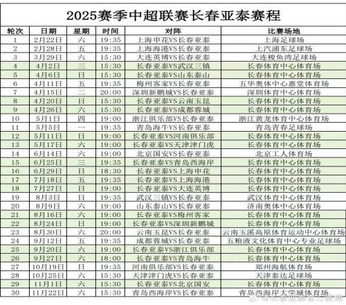 2025中超联赛赛程出炉！长春亚泰2月22日首战上海申花